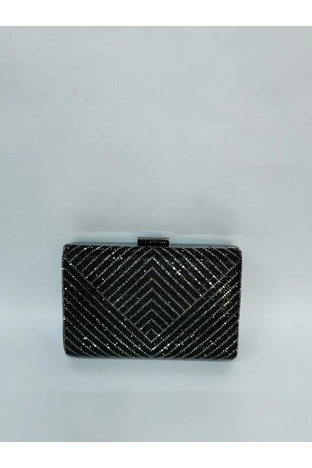 Kadın Siyah Taşlı Abiye Clutch Portföy El Gece Düğün Nişan Çantası